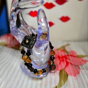Vintage Romantic Bracelet, amber and black glass beads w brushed metal brown